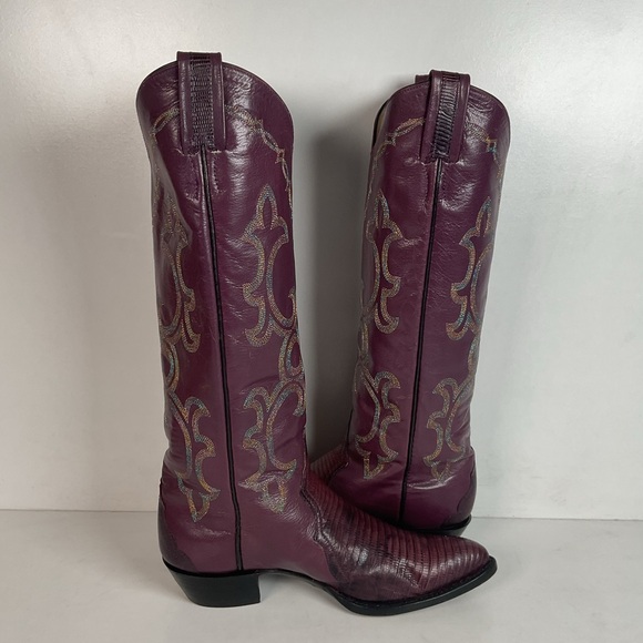 Vintage Larry Mahan Tall Purple Cowgirl Boots 8.5 B USA Made Lizard Teju - Picture 15 of 16
